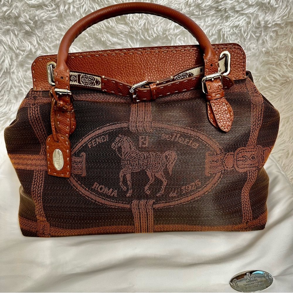 FENDI Coated Linen Calfskin Romano Selleria Villa Borghese Equestrian Satchel